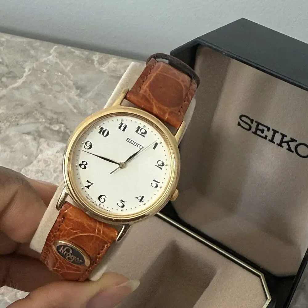 VTG Seiko Women Gold Tone Flat Round Watch Kroger Emblem Calf Leather JAPAN New